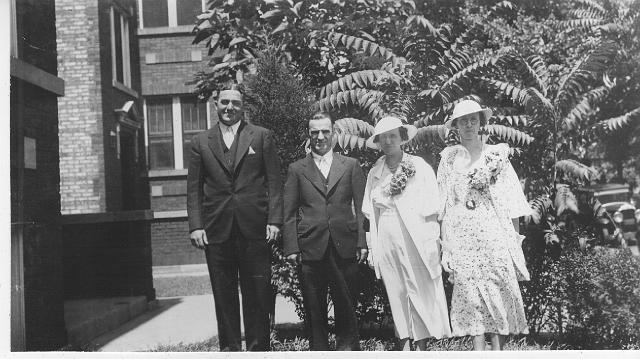 jessie_bowles_wedding_july_28_1934.jpg - wedding picture of Jessie Trumble and Frank Roche on July 28, 1934;left to right - Bill O’Brien; Frank Roche; Jessie Trumble; Ella Trumble Bowles (sister of Jessie)